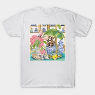 Monkey, pink cockatoo parrot and tabby cat in chinoiserie interior T-Shirt